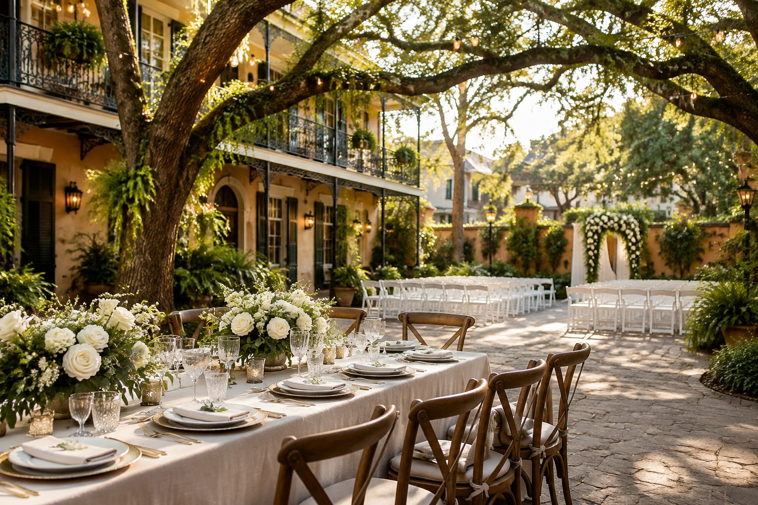 Elegant wedding reception courtyard with a decorated dining table, floral ceremony arch, oak trees, and historic New Orleans architecture.