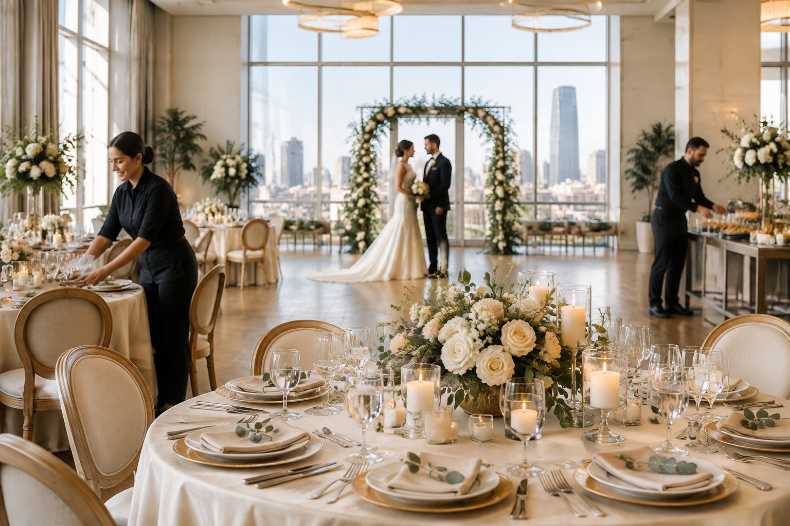 A newlywed couple and venue staff in an elegant Oklahoma City wedding reception venue with a decorated table and ceremony arch.