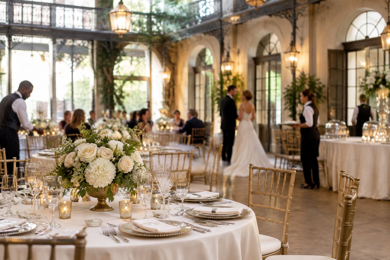 An elegant wedding reception with a decorated banquet table, guests, and staff in a New Orleans-style venue.