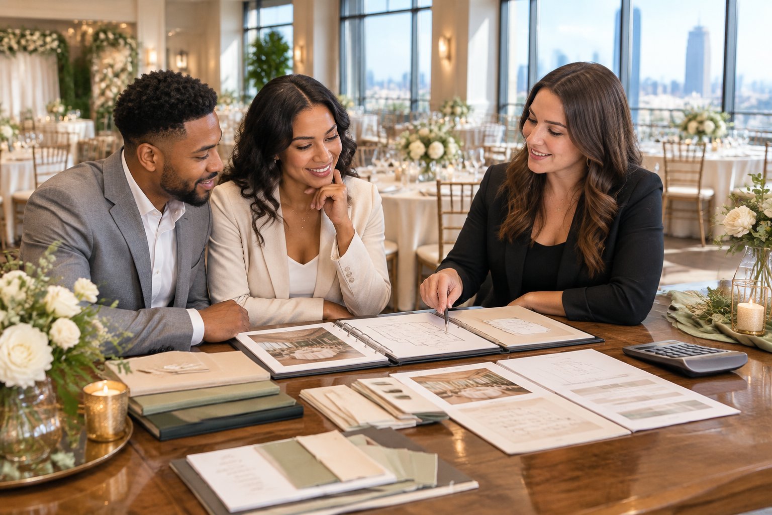 A couple and a wedding planner compare wedding package materials and costs at a reception venue.