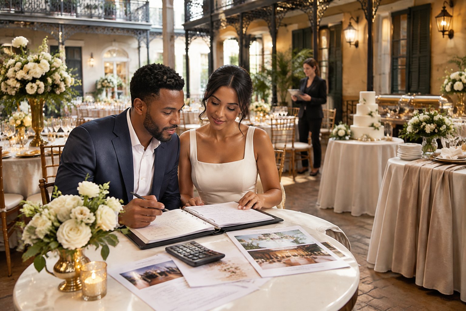 A couple reviews wedding budget materials at a table inside an elegant New Orleans reception venue.