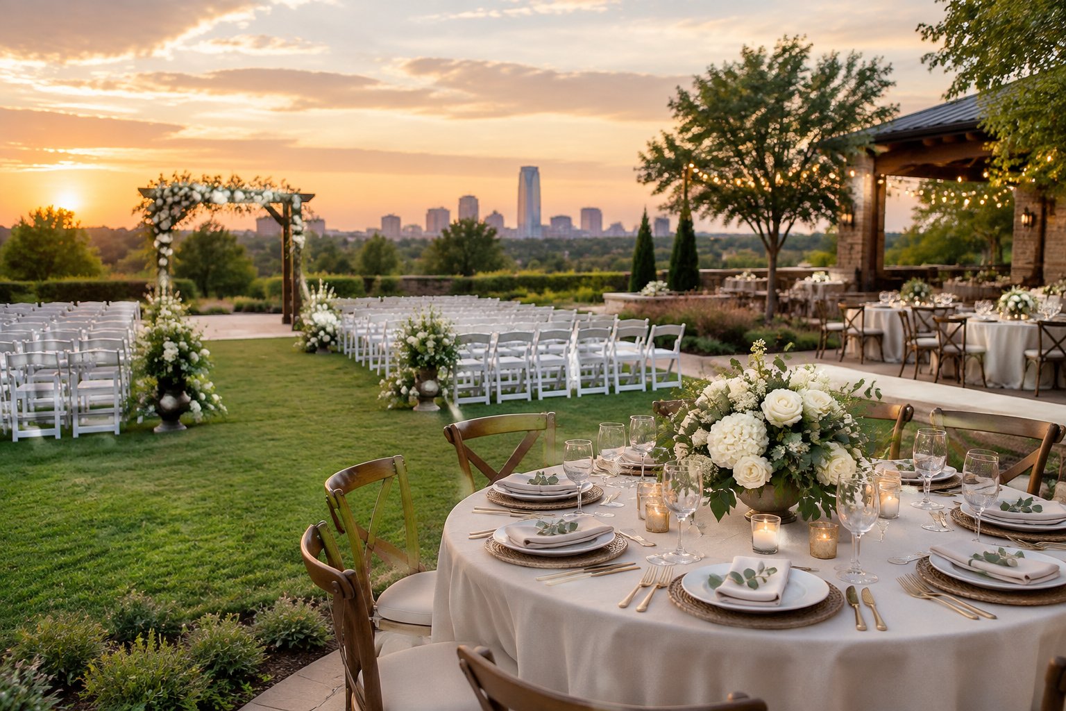 An elegant outdoor wedding venue with a floral ceremony arch, arranged chairs, and a decorated reception table.