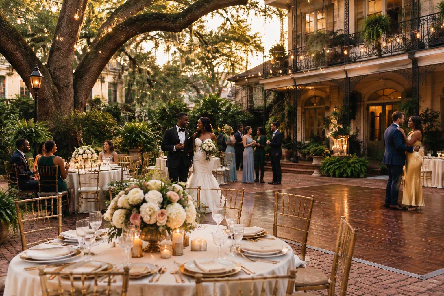 An elegant outdoor wedding reception in a New Orleans garden courtyard with decorated tables, string lights, and guests celebrating.