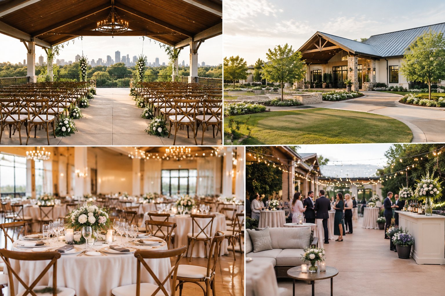 An elegant Oklahoma City wedding venue with landscaped grounds, decorated reception tables, floral arrangements, and outdoor event spaces.