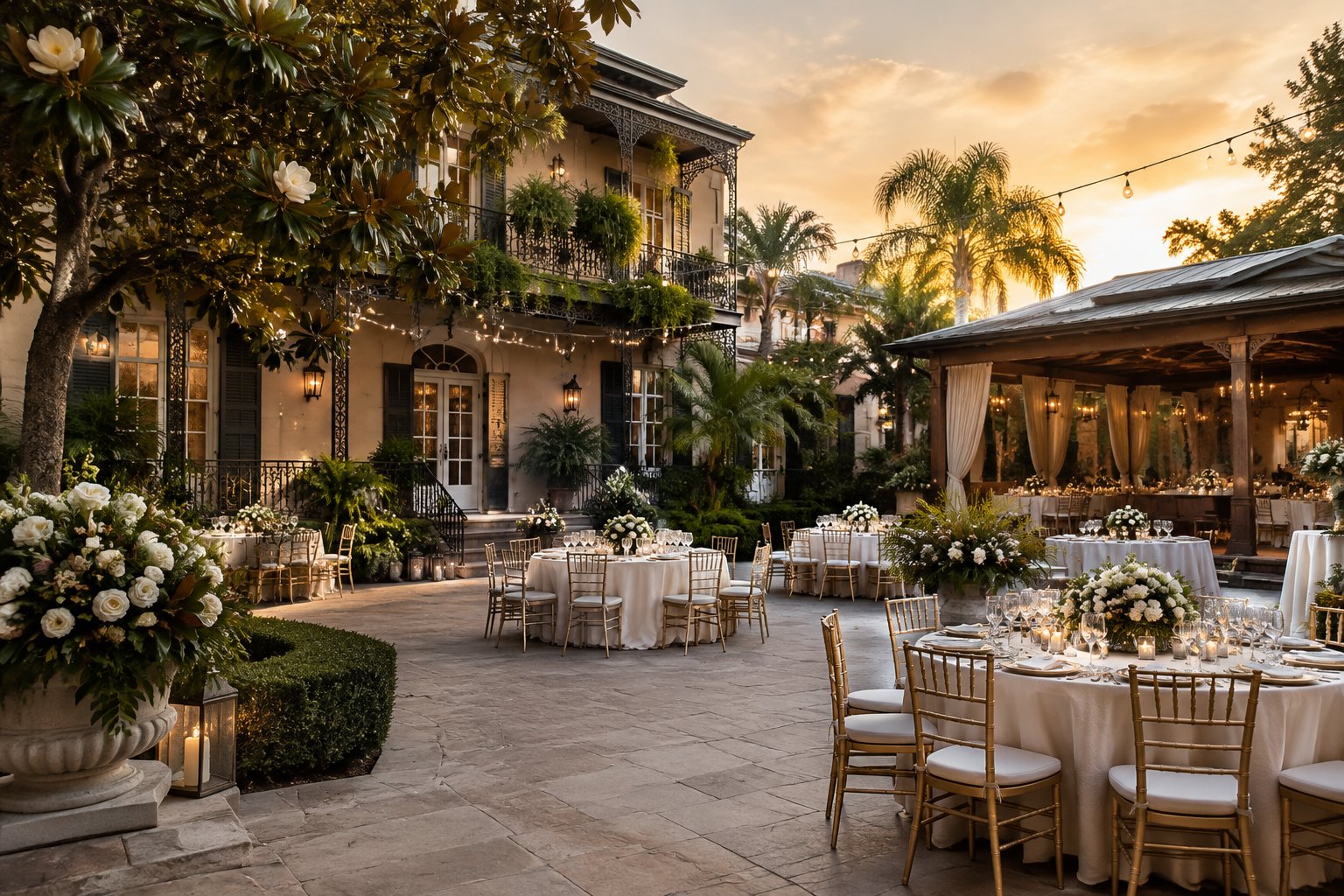 Elegant New Orleans wedding venue courtyard with historic architecture, greenery, floral arrangements, and decorated reception tables.