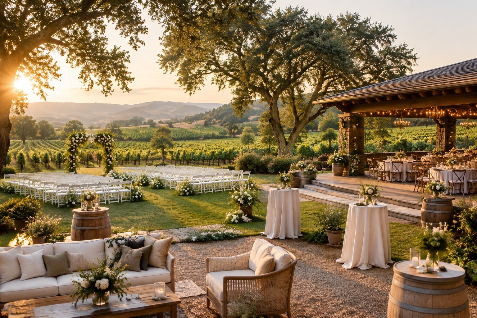 Elegant wedding venue with vineyard views, a floral ceremony arch, arranged chairs, and a decorated outdoor reception area.