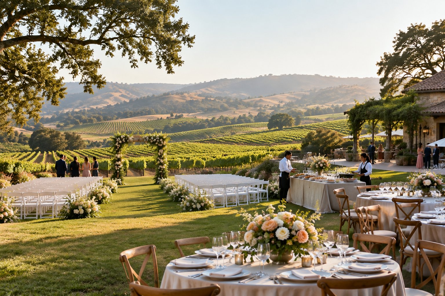 An elegant wedding ceremony and reception setup at a Sonoma County vineyard estate surrounded by rolling hills.