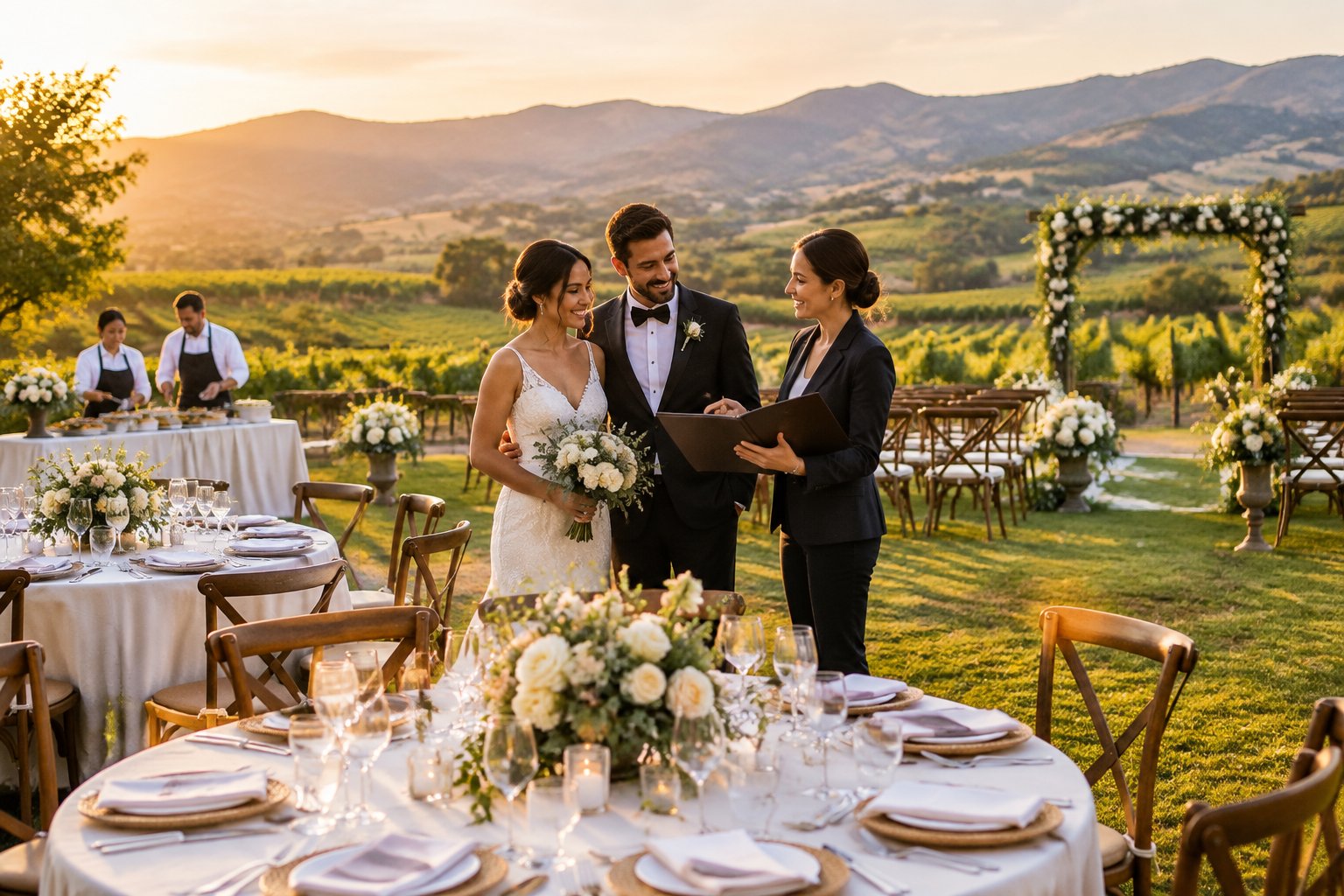 A couple reviews wedding plans with a coordinator at an elegant vineyard reception in Sonoma County.