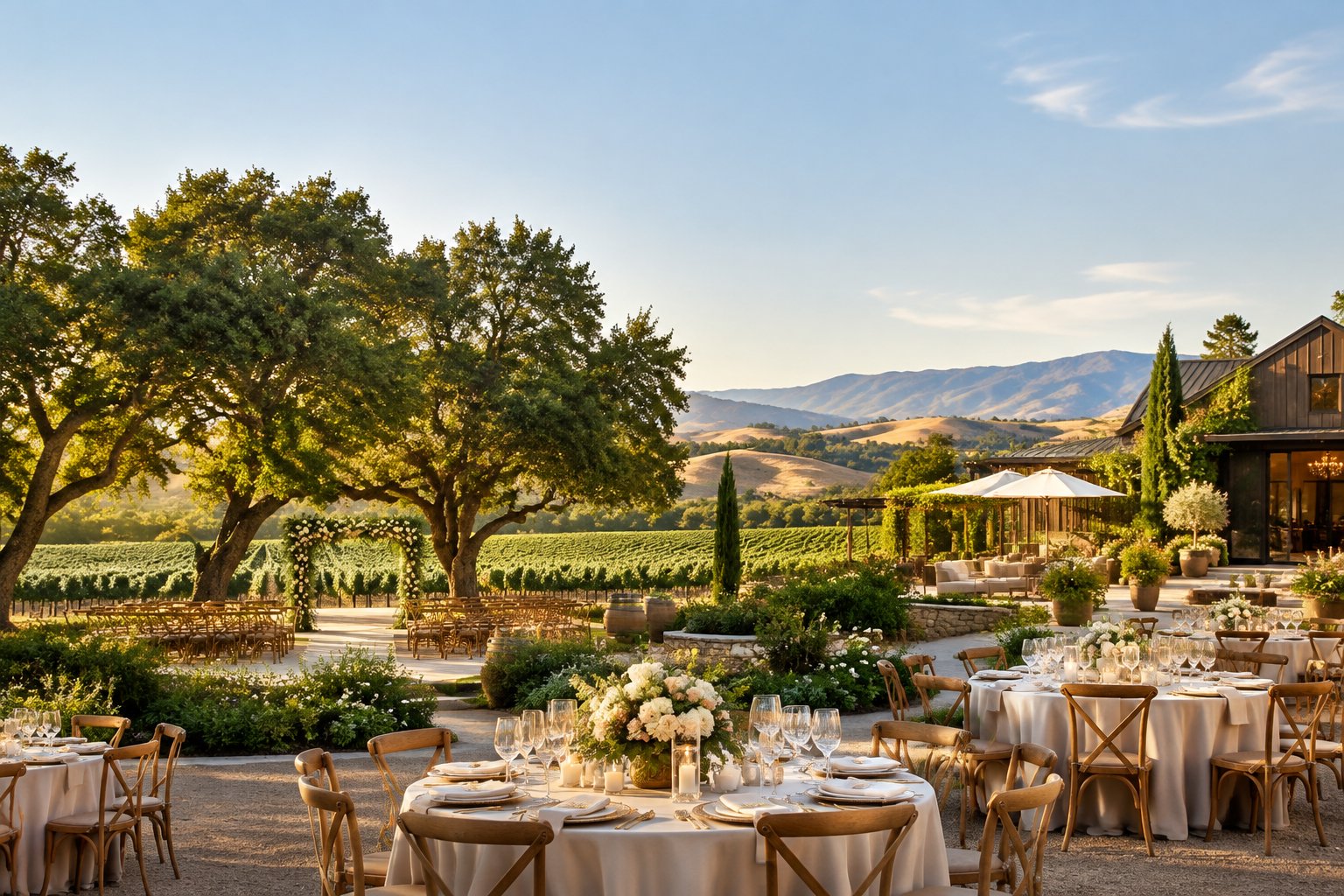 Elegant wedding reception at a Sonoma County vineyard estate surrounded by oak trees, gardens, and rolling hills.