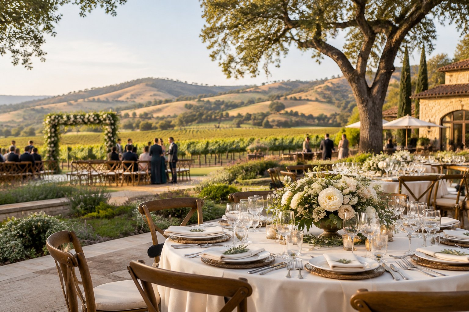 An elegant outdoor wedding reception at a Sonoma County vineyard estate with decorated tables, a floral ceremony arch, and rolling hills in the background.