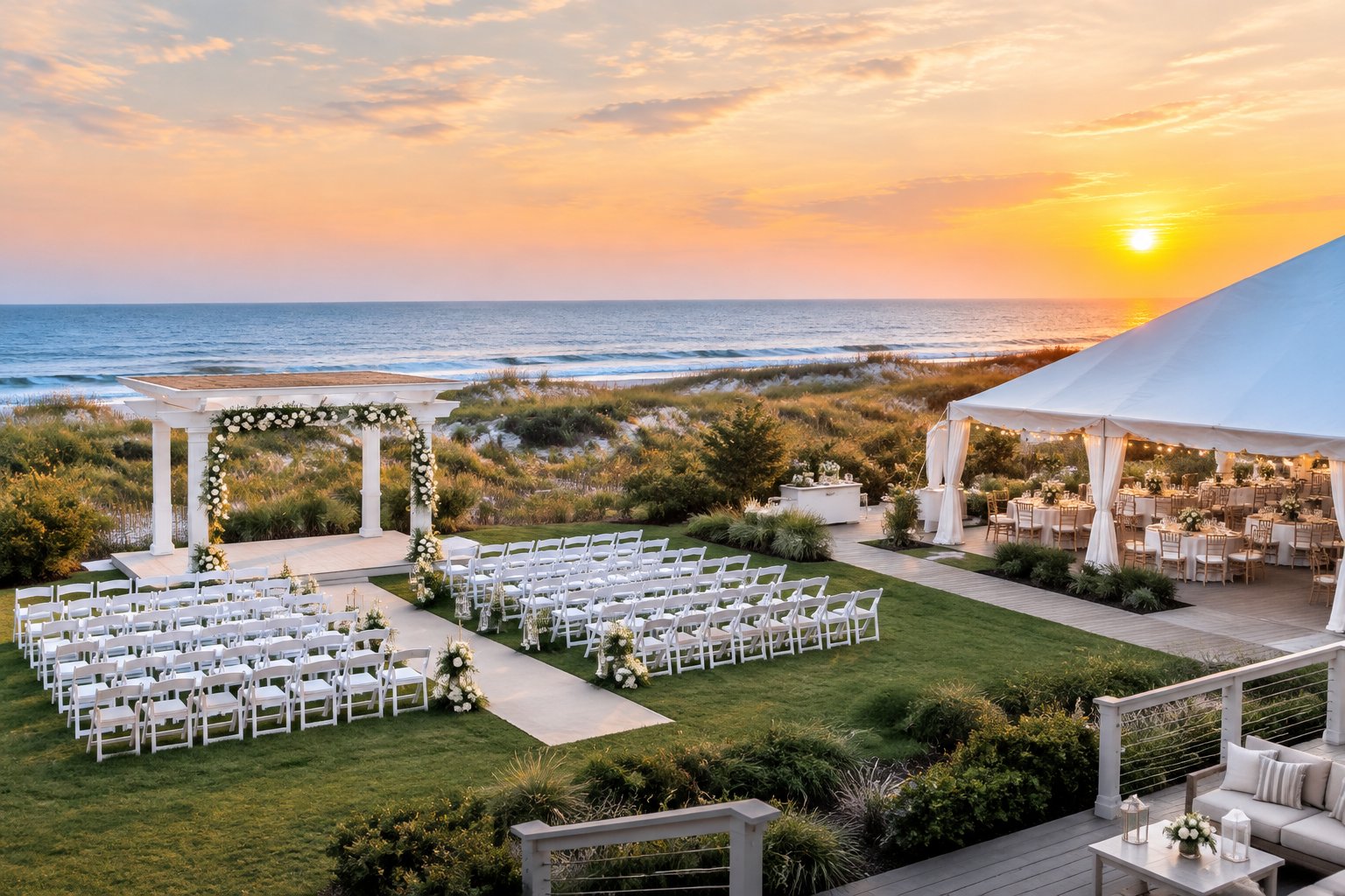 Elegant seaside wedding venue with decorated ceremony chairs, reception tables, dunes, and ocean views.