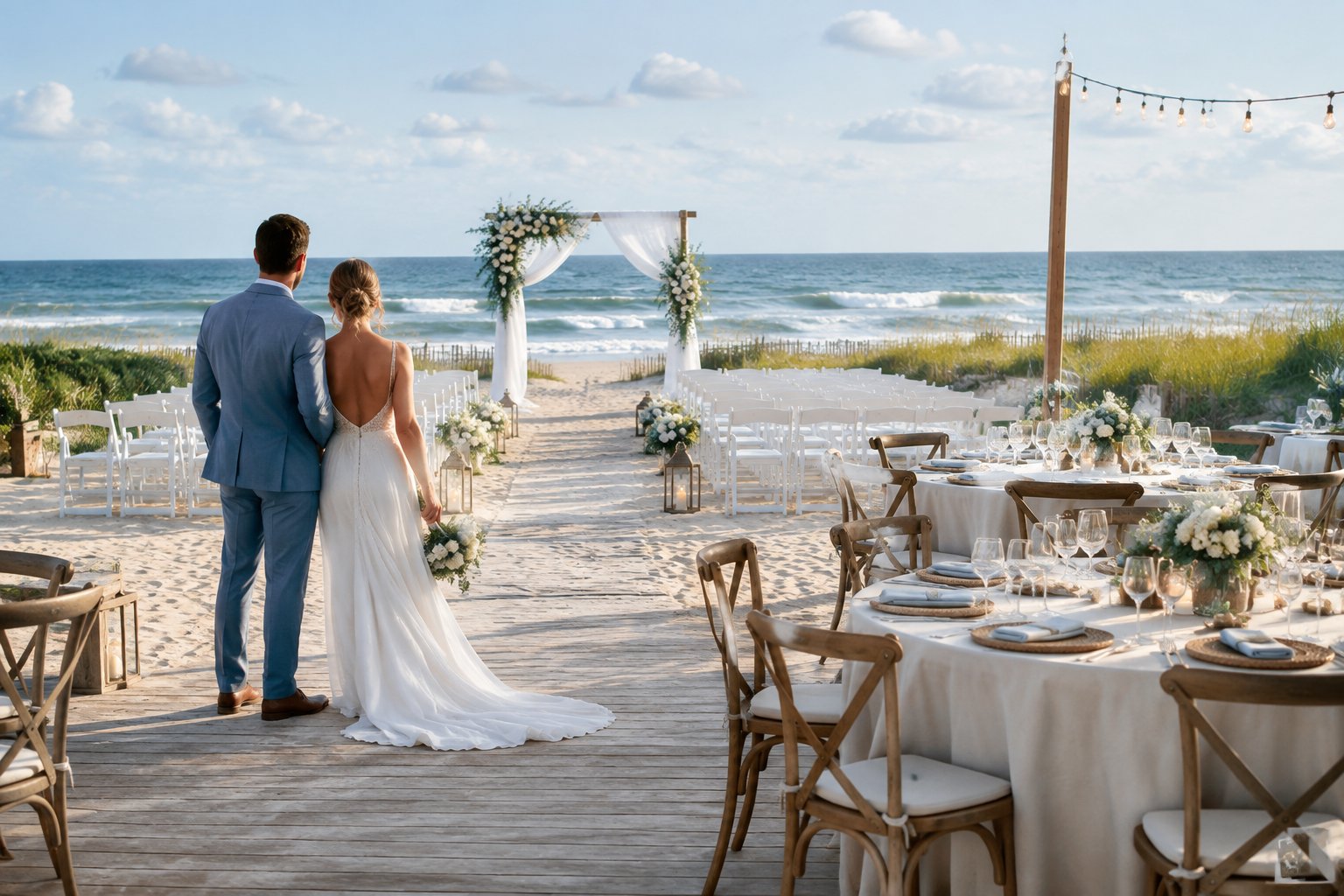 Couple viewing a fully arranged seaside wedding ceremony and reception setup on an Outer Banks beach.