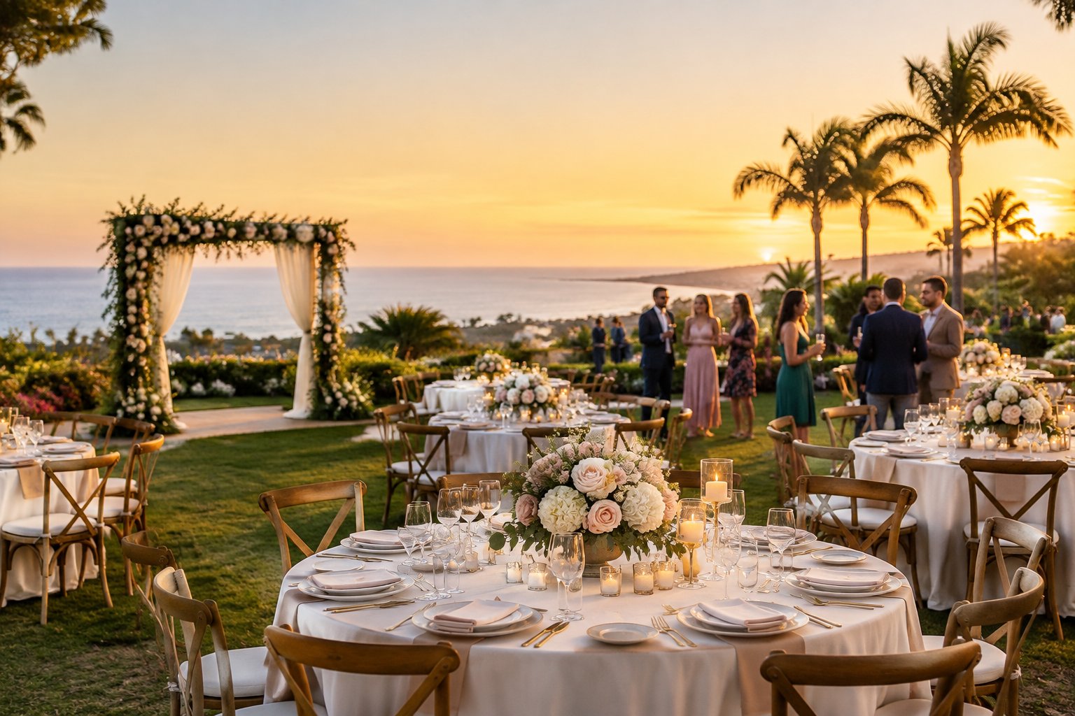 Elegant outdoor wedding reception at a landscaped coastal venue with decorated tables and guests.