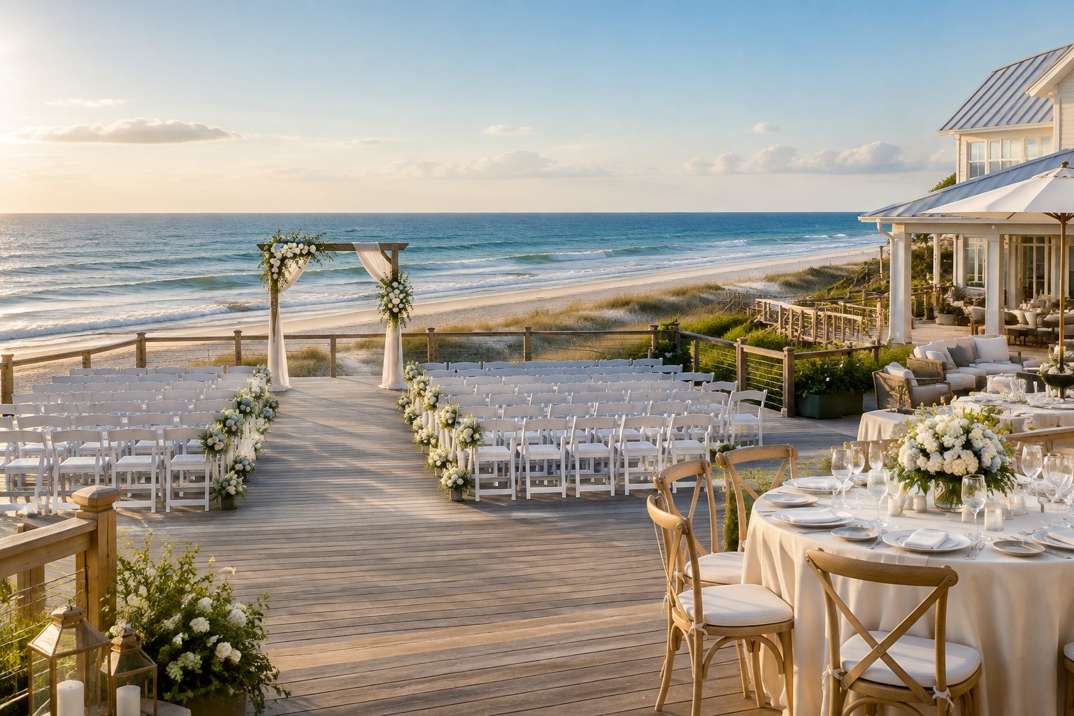 An elegant beachfront wedding setup on a wooden deck overlooking the ocean at an Outer Banks coastal resort.