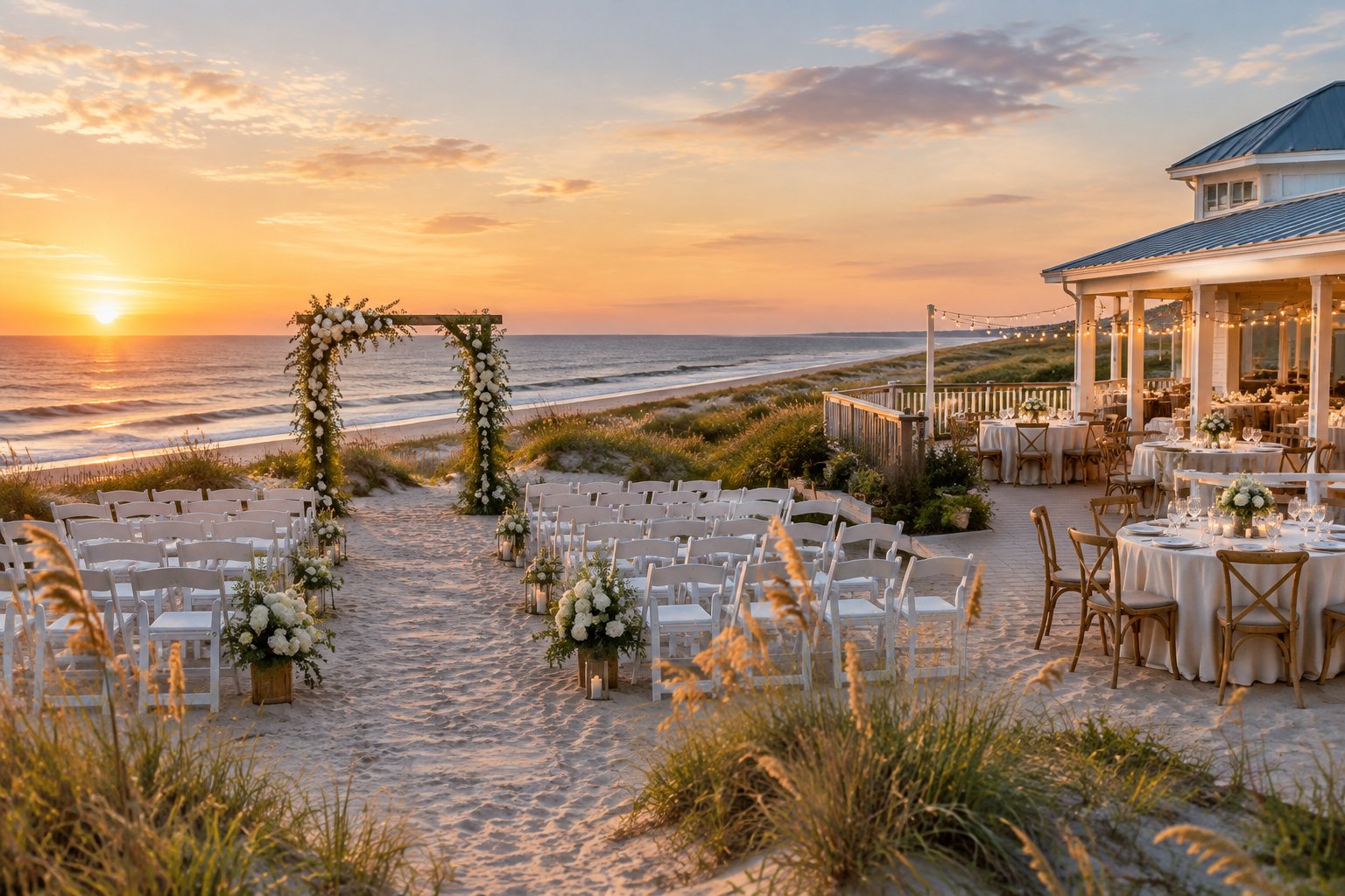 An elegant beachfront wedding ceremony and reception setup overlooking the ocean in the Outer Banks.