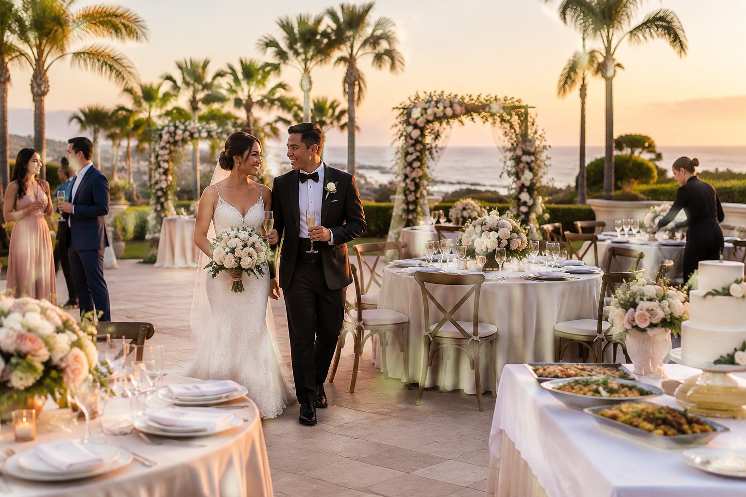 A newlywed couple and guests gather at an elegant outdoor wedding reception with decorated tables and catered food.