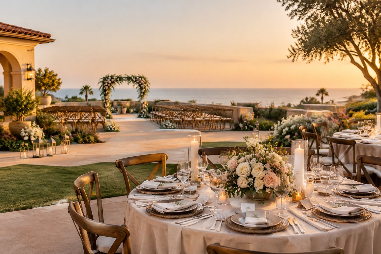 An elegant outdoor wedding venue with a decorated reception table, ceremony chairs, and a floral arch at sunset.