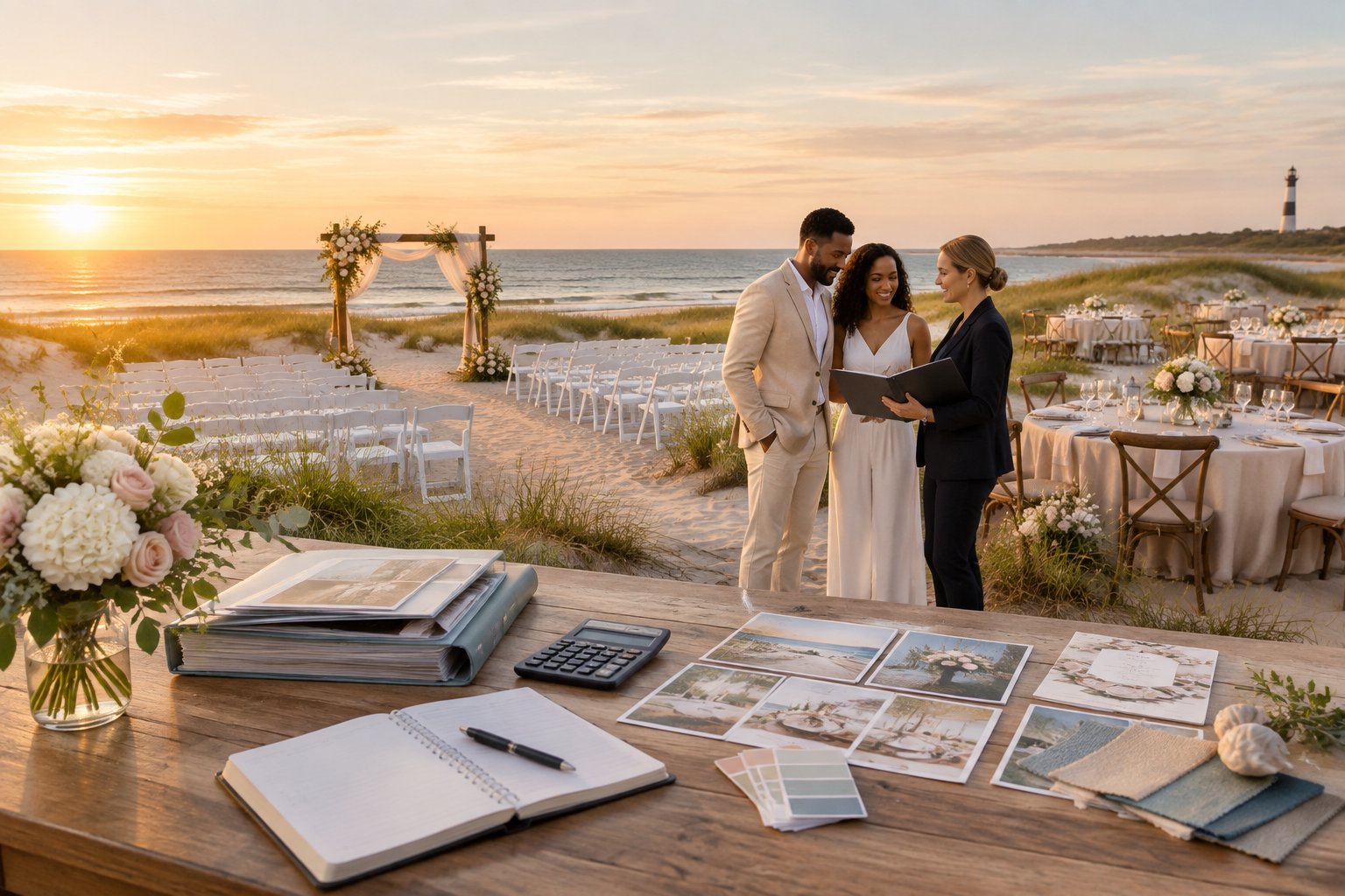 An elegant beachfront wedding setup in the Outer Banks with a couple and planner reviewing arrangements near a budget planning table.