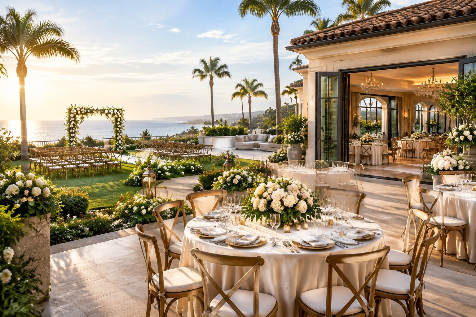 Elegant Orange County wedding venue with a garden ceremony area, decorated reception tables, and a bright coastal setting.