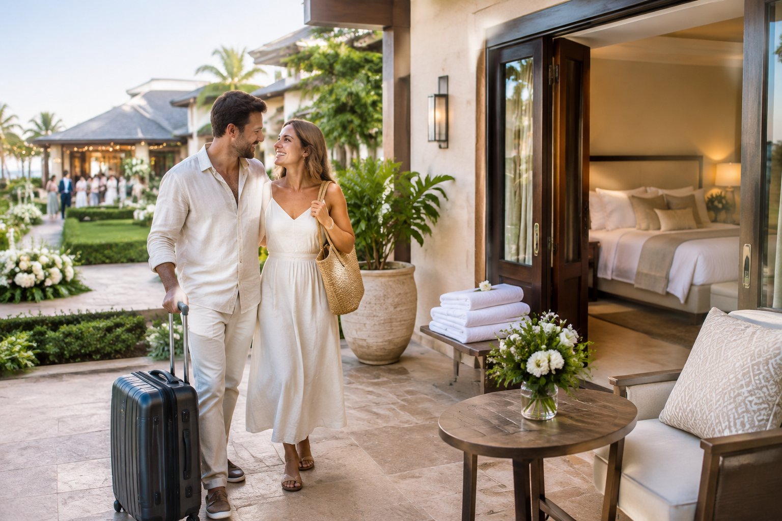A newlywed couple relaxing outside an elegant resort guest suite at an all-inclusive wedding venue.