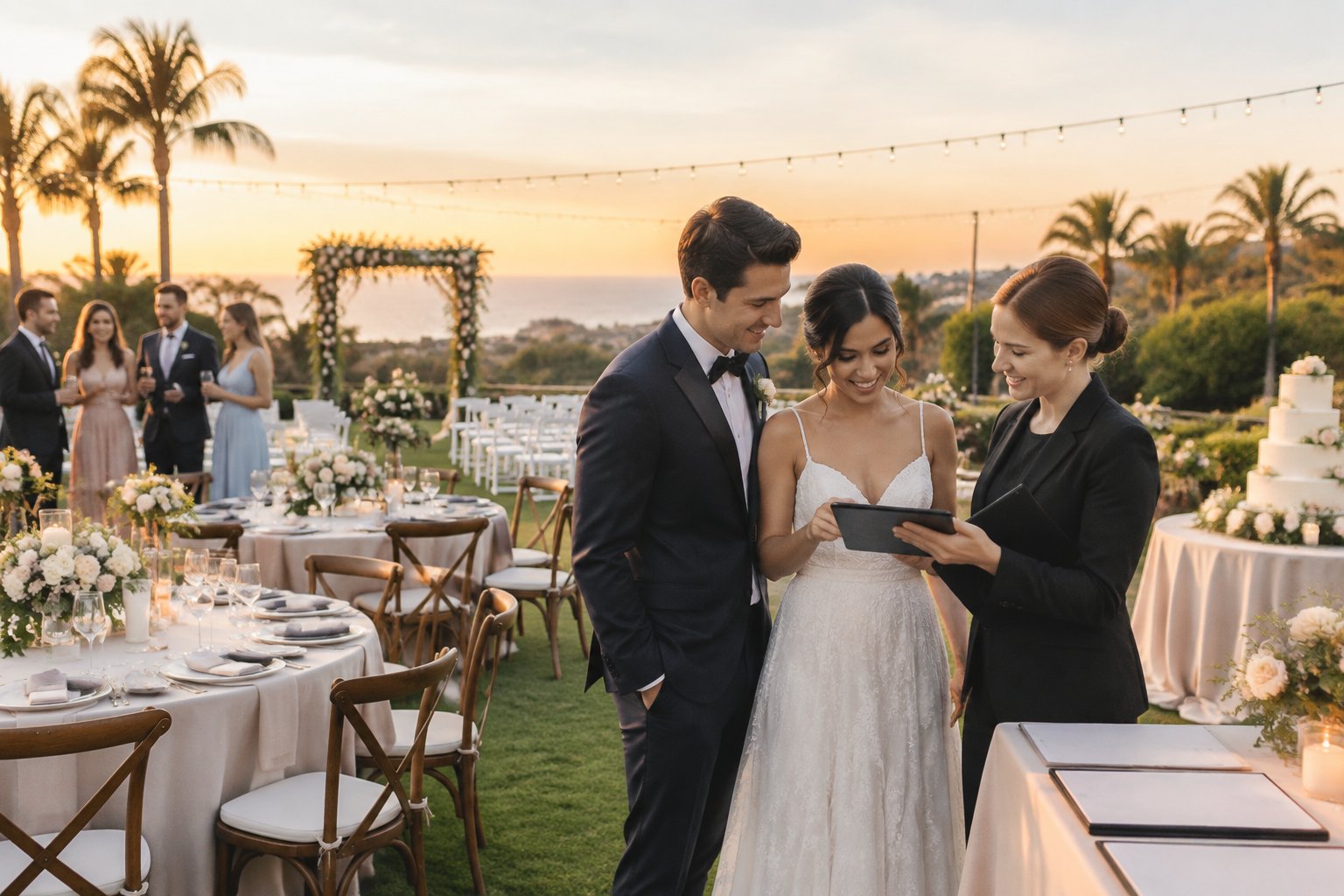 A couple reviews wedding arrangements with an event coordinator at an elegant outdoor reception venue.
