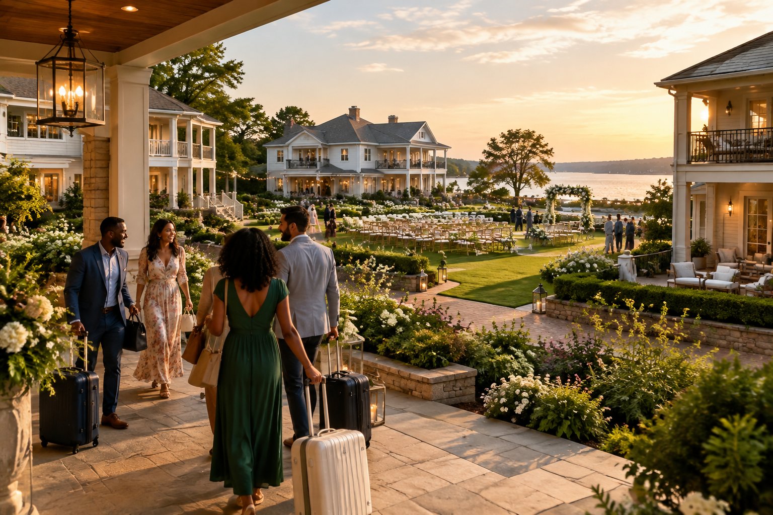 Wedding guests arrive at an elegant venue with guest lodging and an outdoor reception area.
