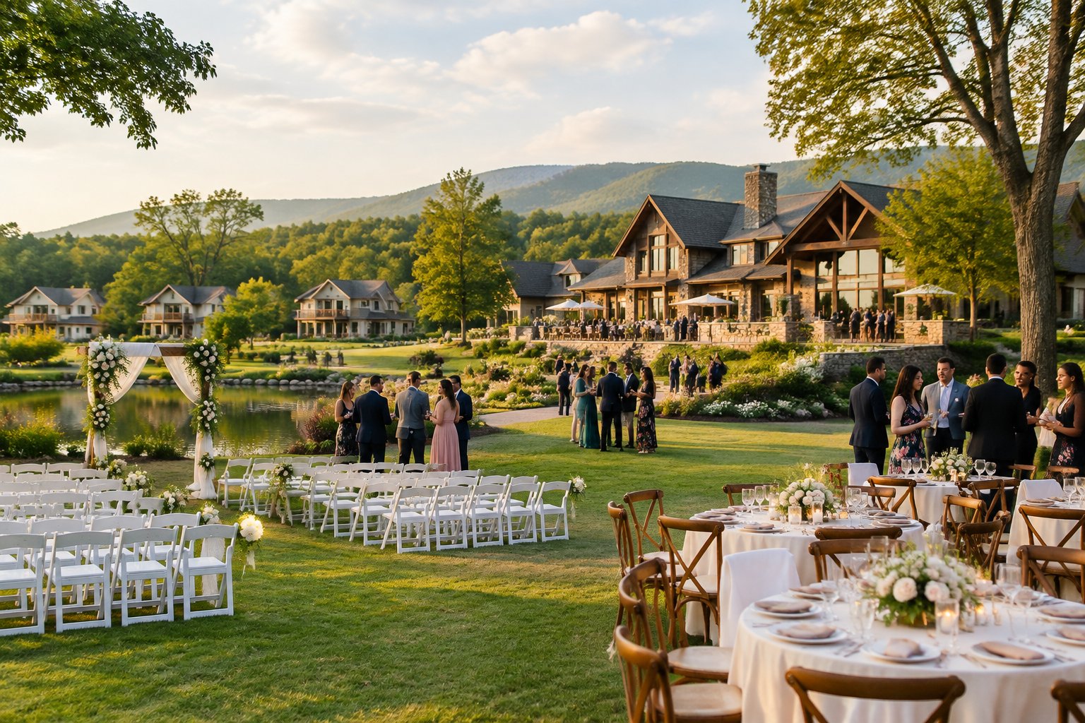 An elegant wedding ceremony setup at a landscaped venue with guest lodging visible in the background.