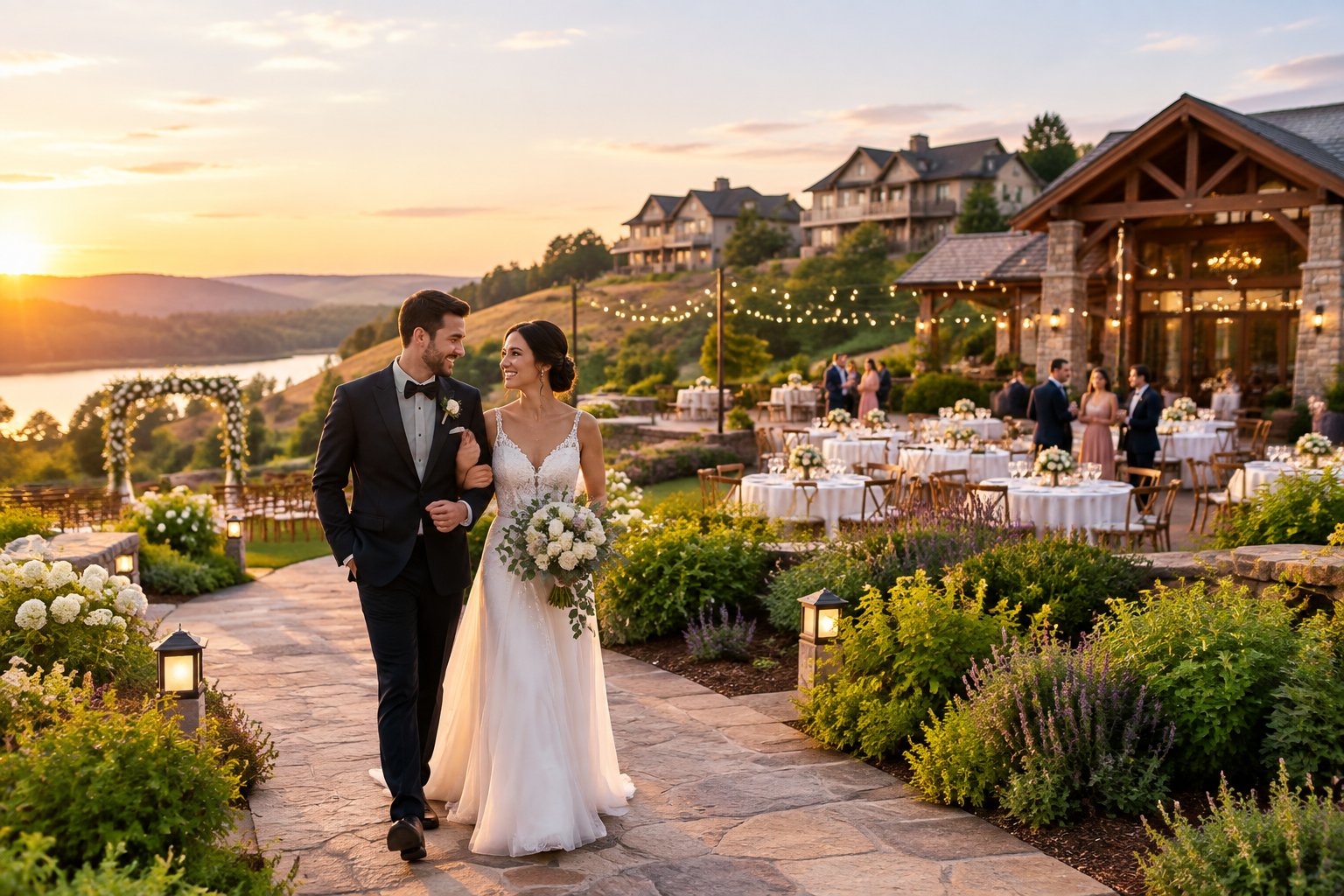 Newlywed couple walking through an elegant wedding venue with guest accommodations and a decorated reception area.