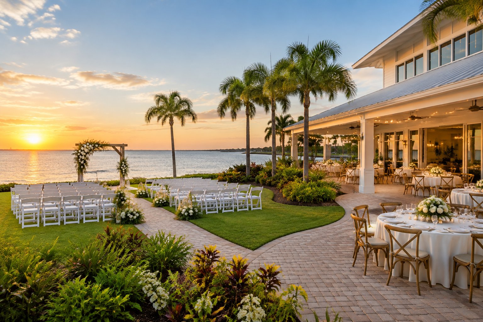 An elegant waterfront wedding venue with a floral ceremony arch, white chairs, decorated reception tables, and tropical landscaping.
