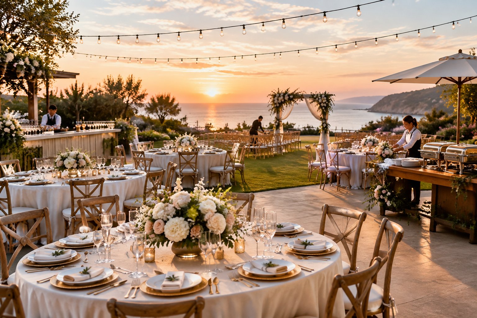 Elegant wedding reception arranged at an all-inclusive outdoor venue with decorated tables, catering, and a scenic backdrop.