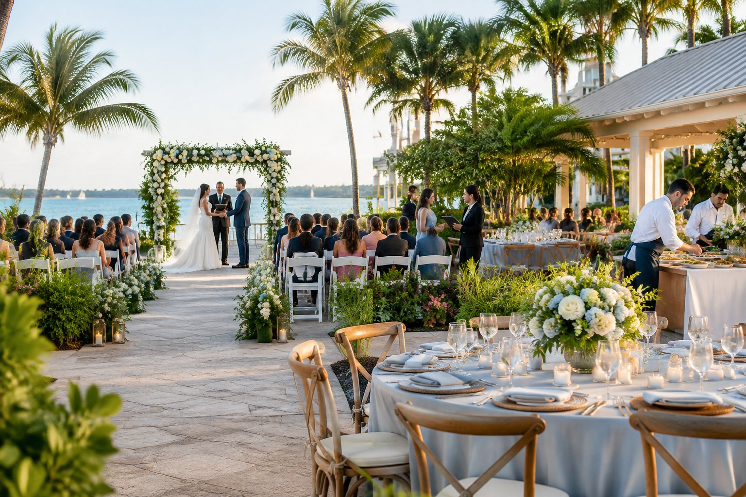 An elegant coastal wedding venue in Pinellas County prepared for an outdoor ceremony and reception.