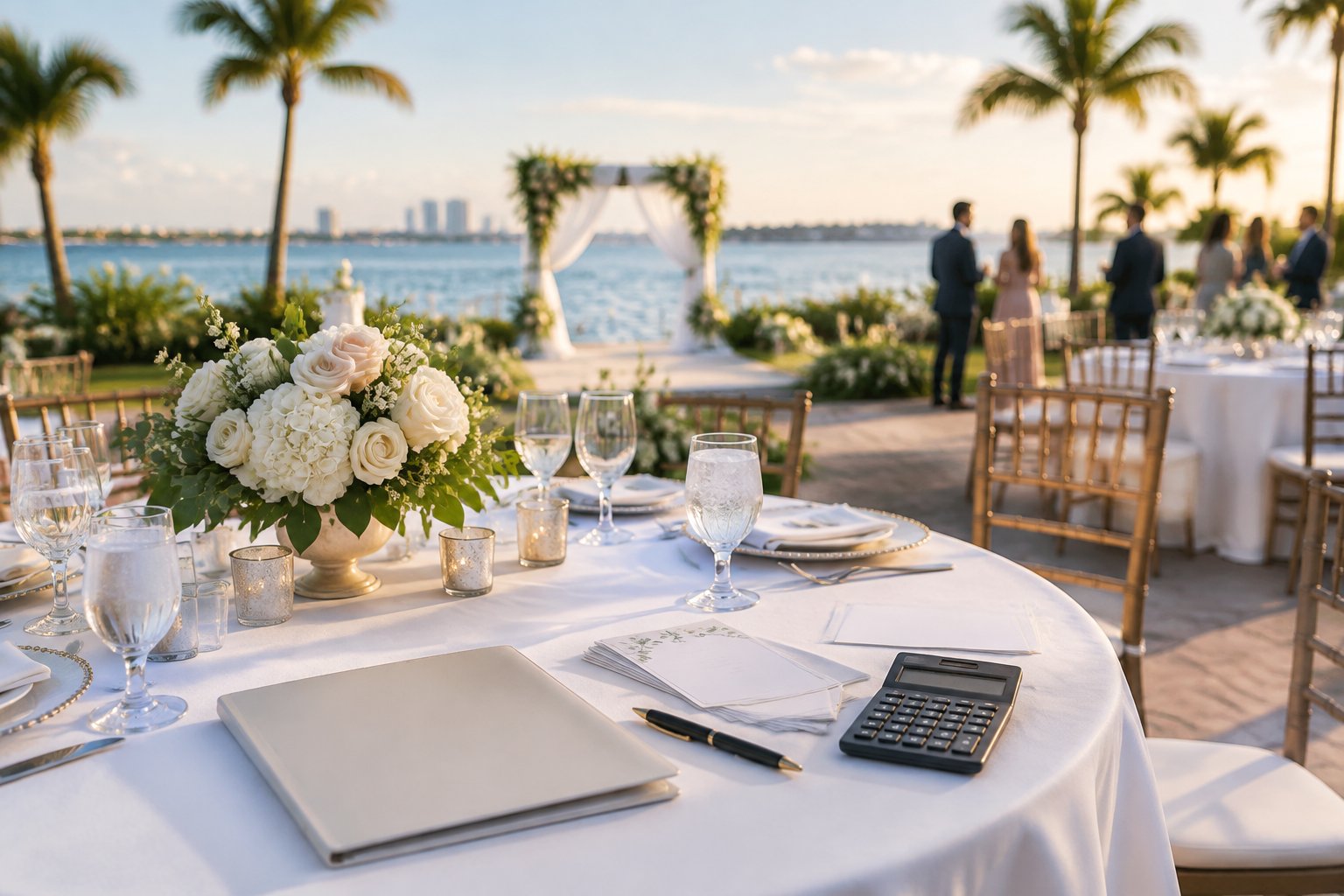 An elegant waterfront wedding reception table with flowers, place settings, and wedding planning materials.