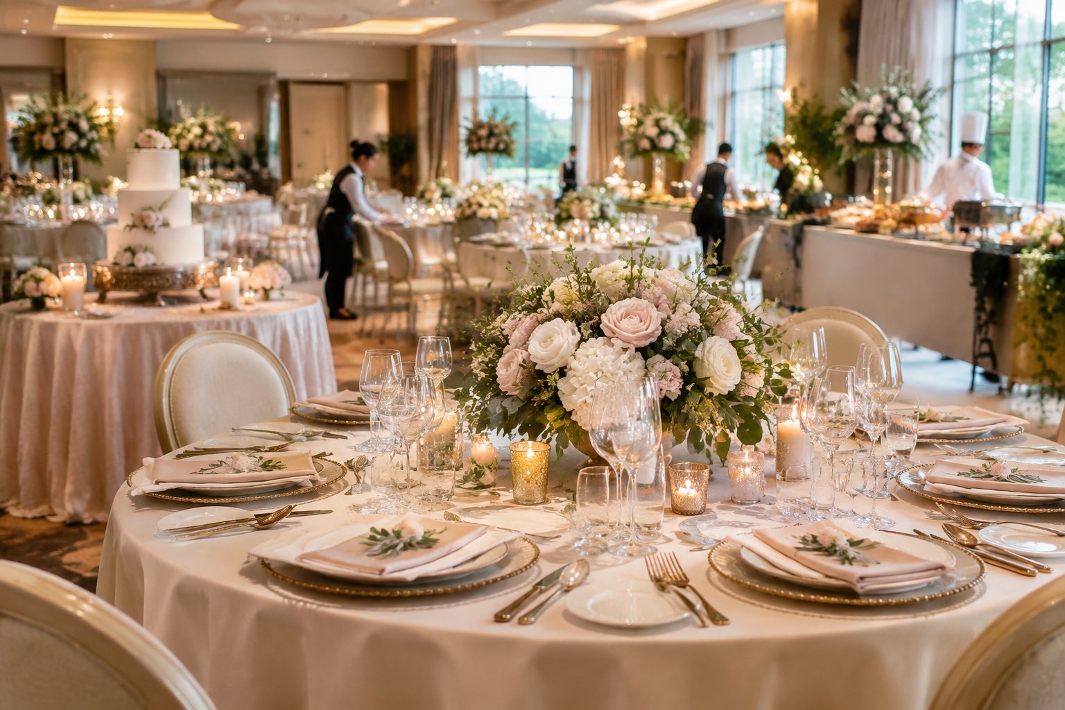 Elegant wedding reception with decorated tables, a wedding cake, and catering staff preparing the venue.