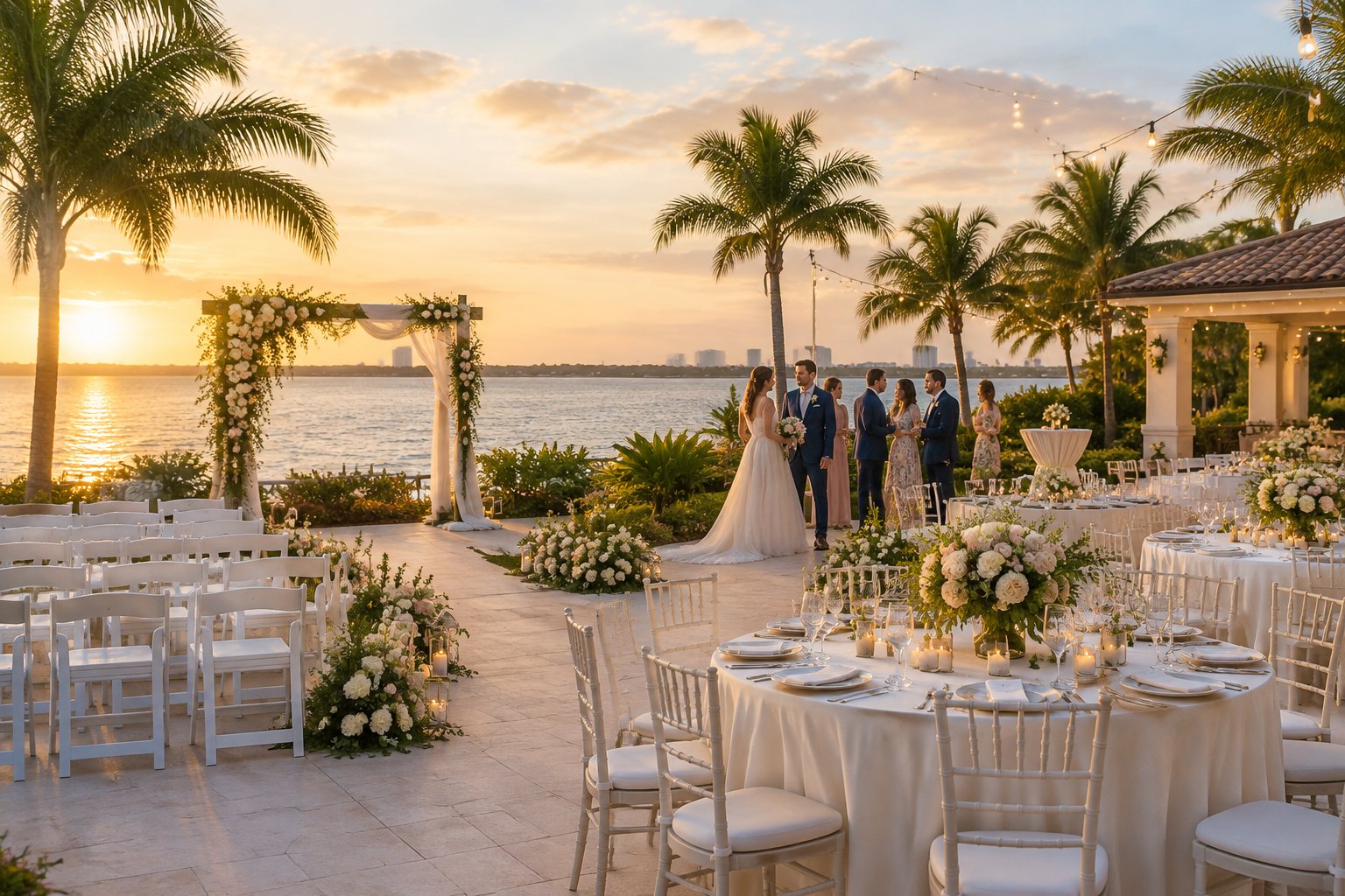 An elegant waterfront wedding ceremony and reception setup with floral décor, white chairs, and guests enjoying the coastal setting.