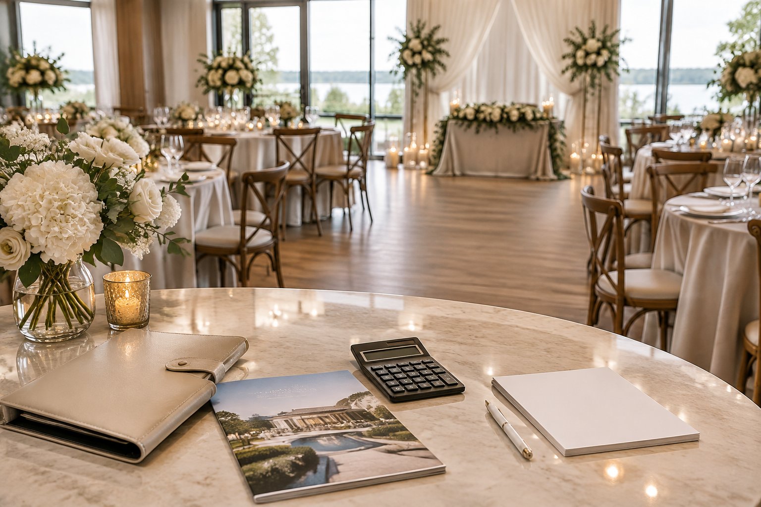 An elegant wedding reception venue with decorated tables and a budget folder, calculator, and planning papers in the foreground.