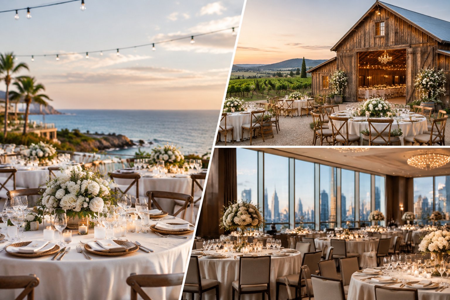 A coastal resort, countryside venue, and urban hotel ballroom arranged as elegant all-inclusive wedding settings.