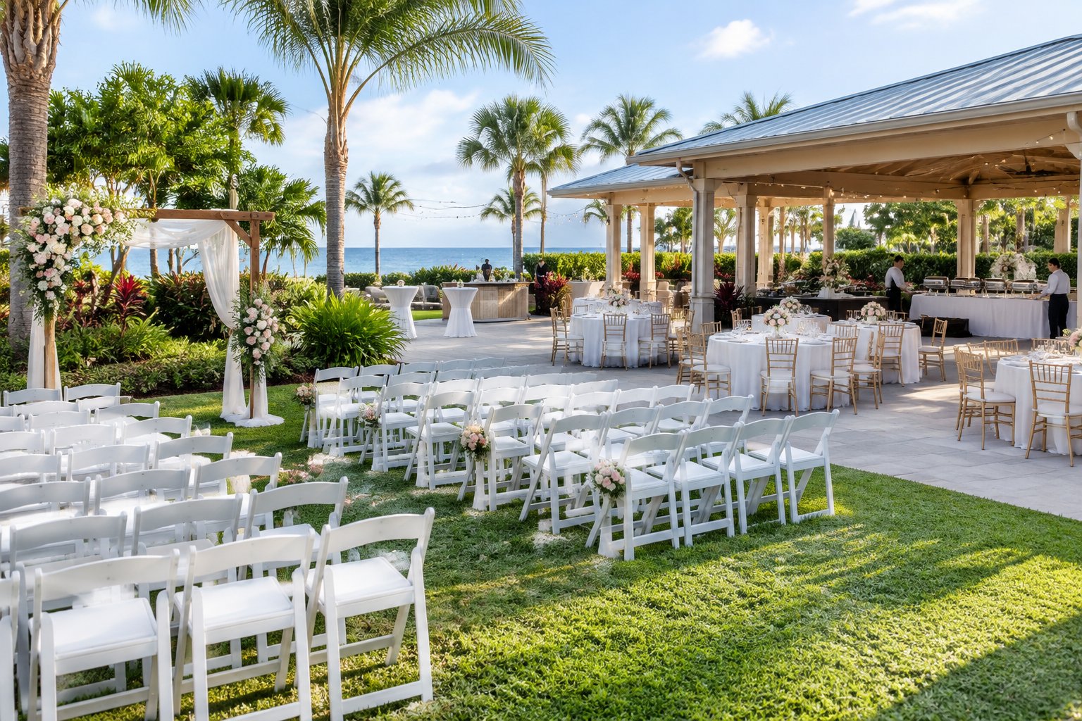 An elegant outdoor wedding venue with a floral ceremony arbor, arranged chairs, decorated reception tables, tropical landscaping, and a covered pavilion.