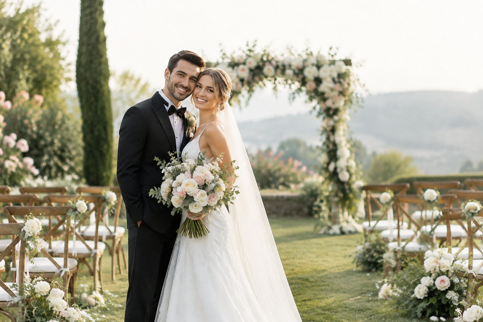 A newlywed couple stands together in a flower-filled garden wedding venue.