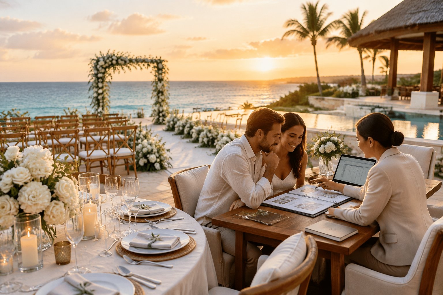 A couple reviews wedding plans at an elegant seaside resort ceremony and reception setting.