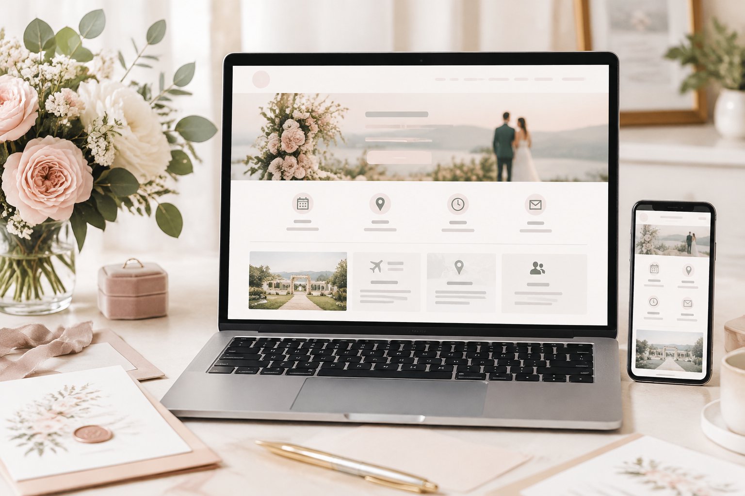 A laptop displays a wedding website beside stationery, flowers, and a smartphone.