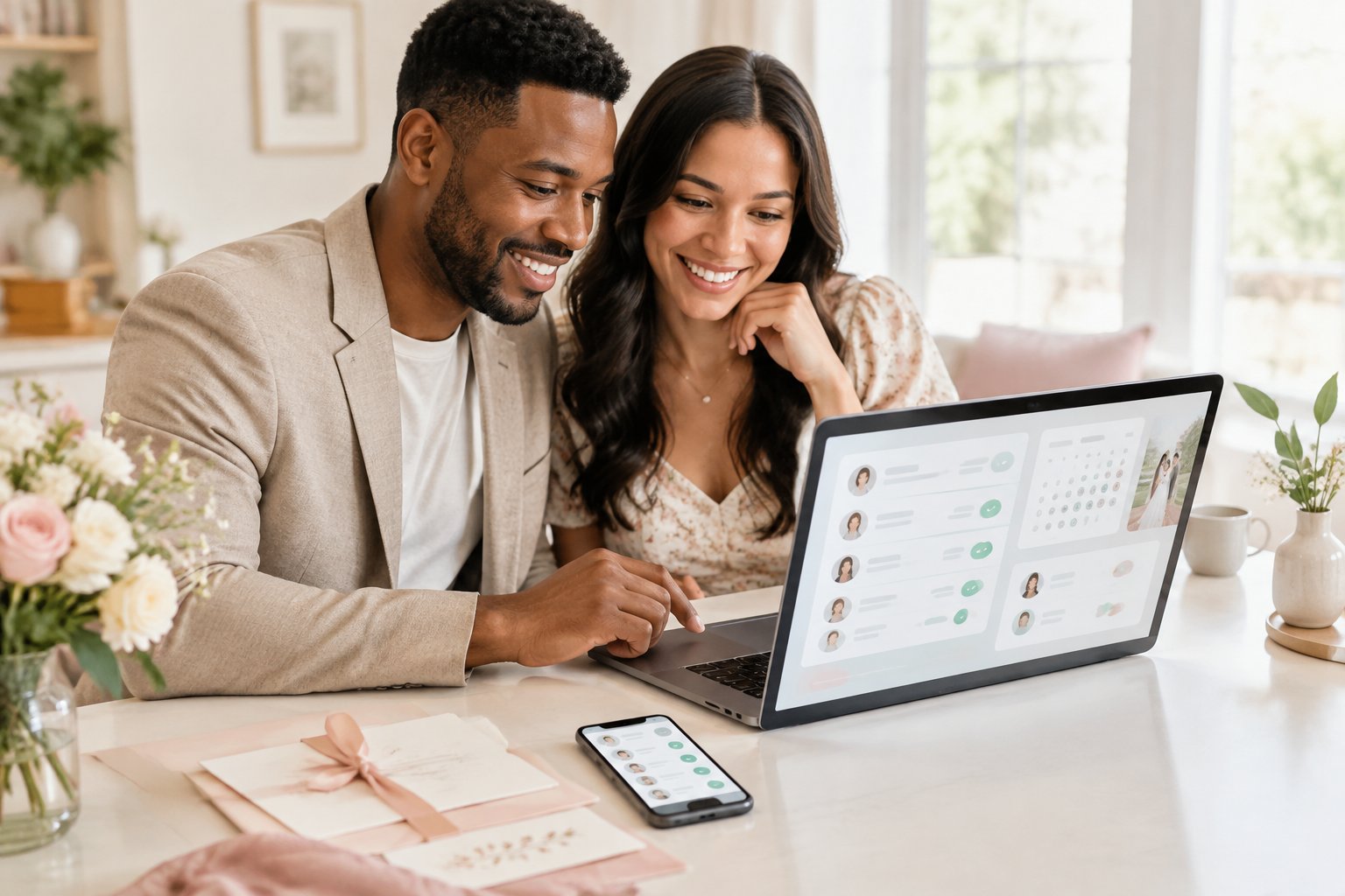 A couple reviews wedding guest responses on a laptop beside a smartphone and wedding invitations.