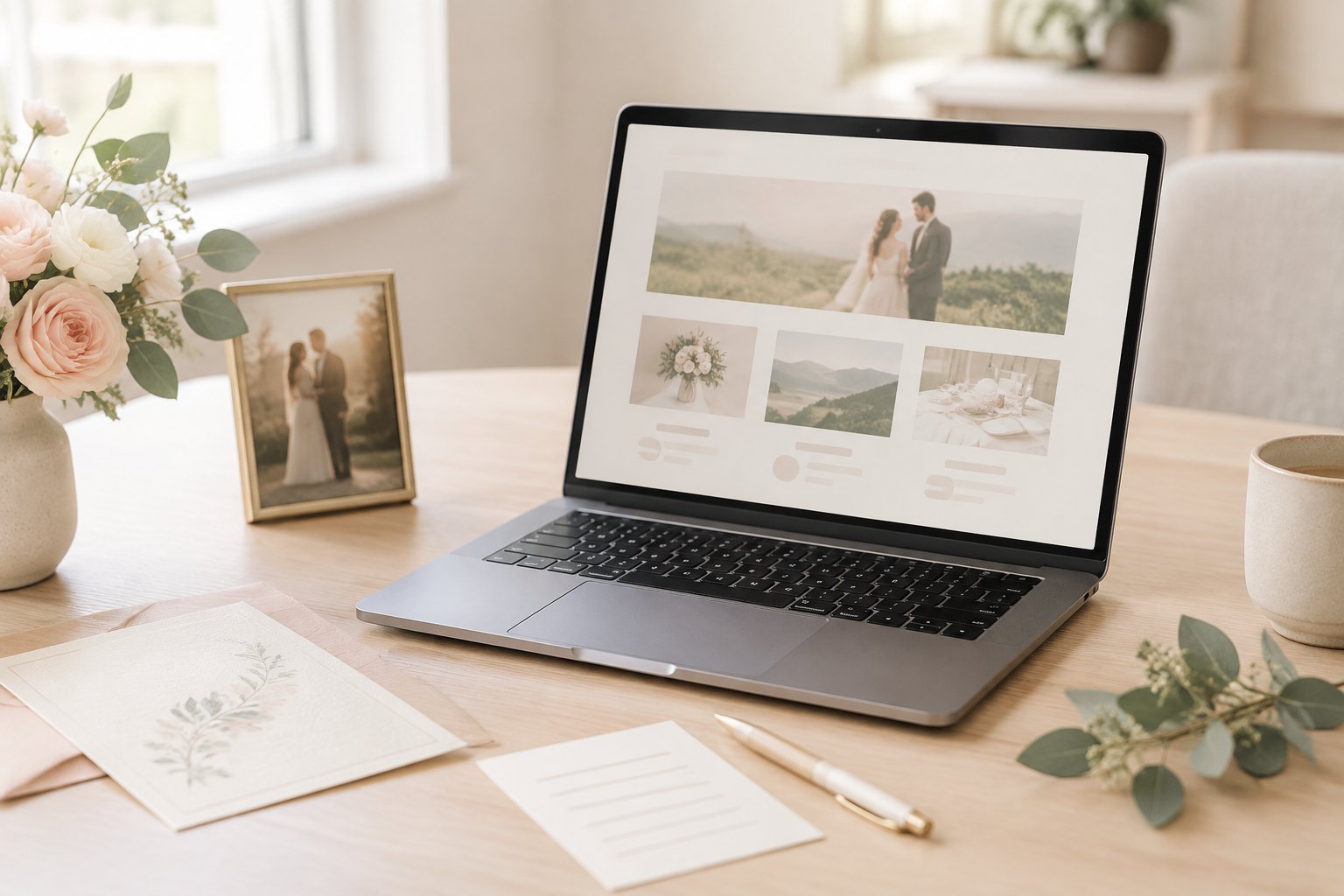 A laptop and a few simple wedding keepsakes arranged on a bright, uncluttered workspace.