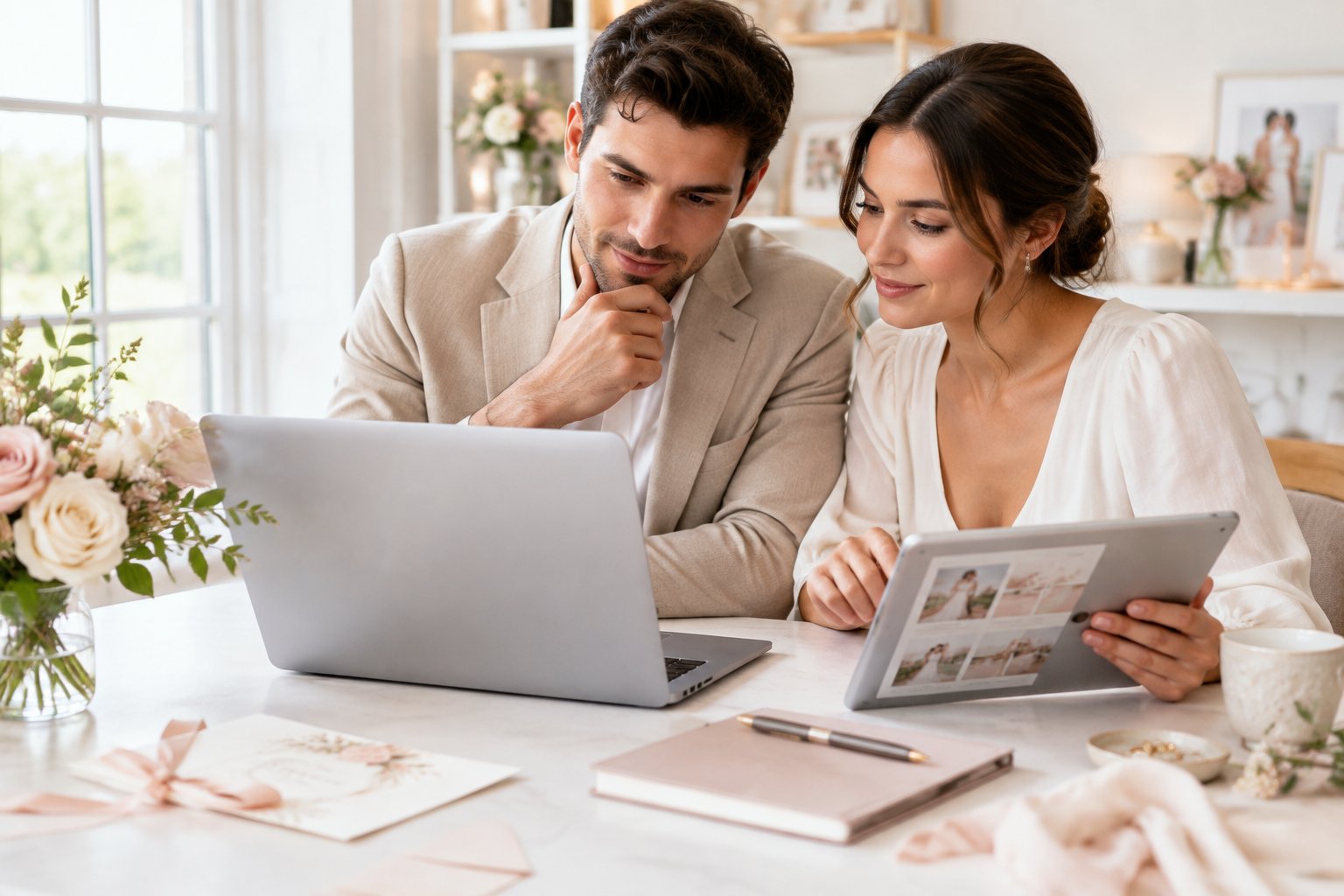 An engaged couple compares wedding website designs on a laptop and tablet at a bright desk.