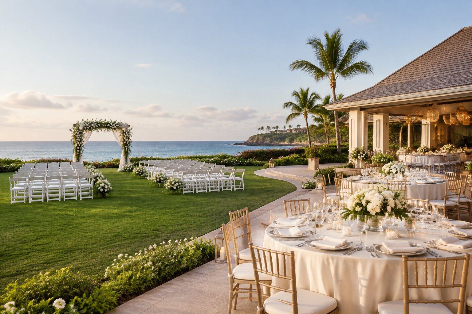 An elegant wedding venue with decorated ceremony chairs, a floral arch, and a reception area with arranged tables.