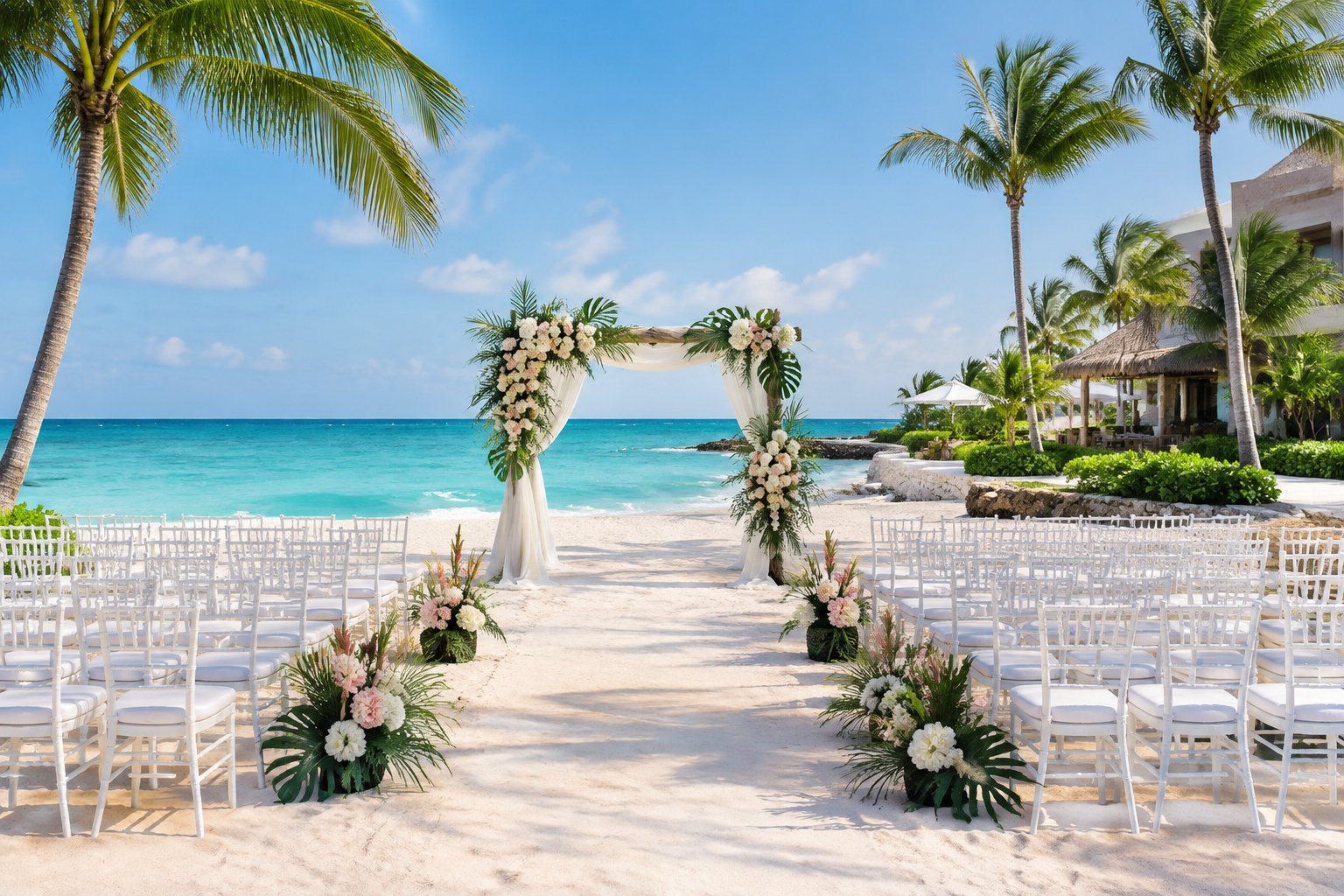 A decorated beachfront wedding ceremony setup at a tropical resort in Punta Cana.