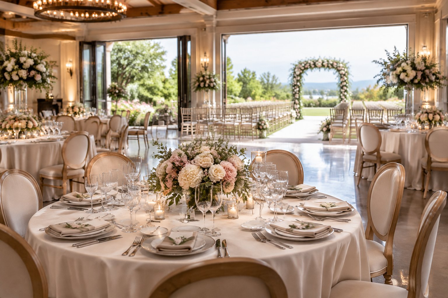 An elegant wedding venue with decorated reception tables, floral arrangements, and a ceremony arch.