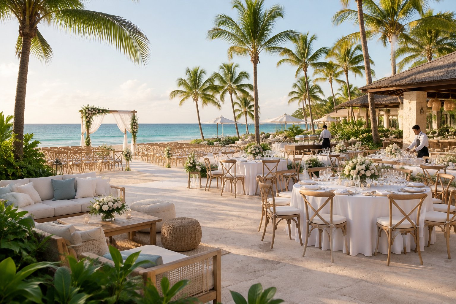 Elegant tropical wedding reception arranged at a beachfront resort in Punta Cana.