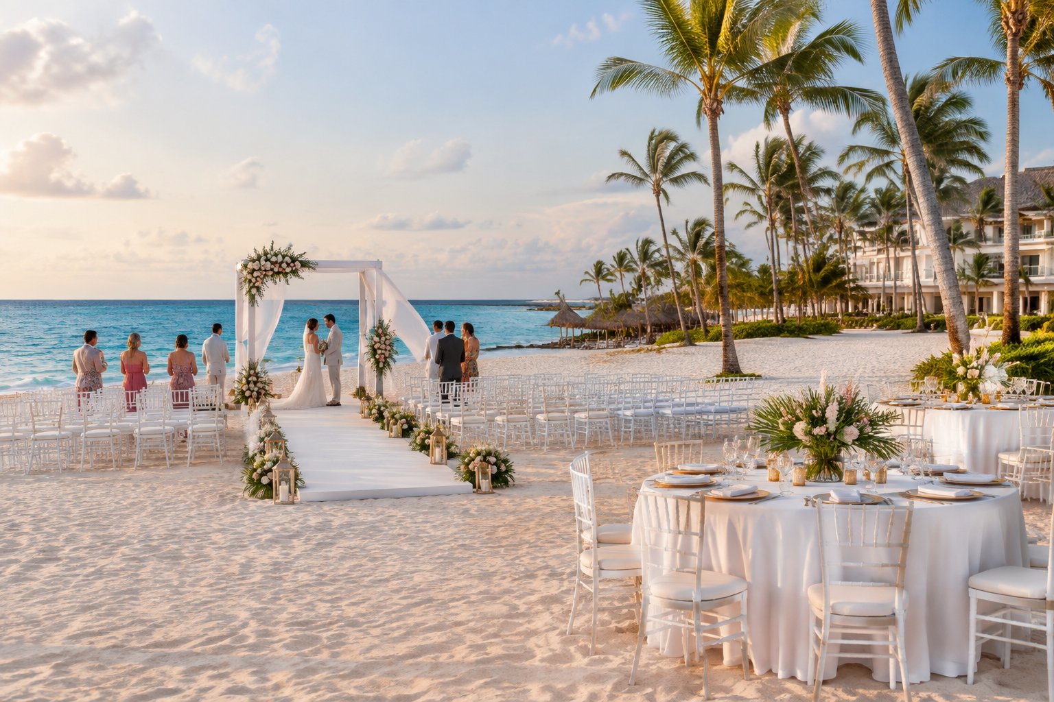 An elegant beachfront wedding setup at a tropical Punta Cana resort with white chairs, floral decorations, reception tables, palm trees, and the Caribbean Sea.