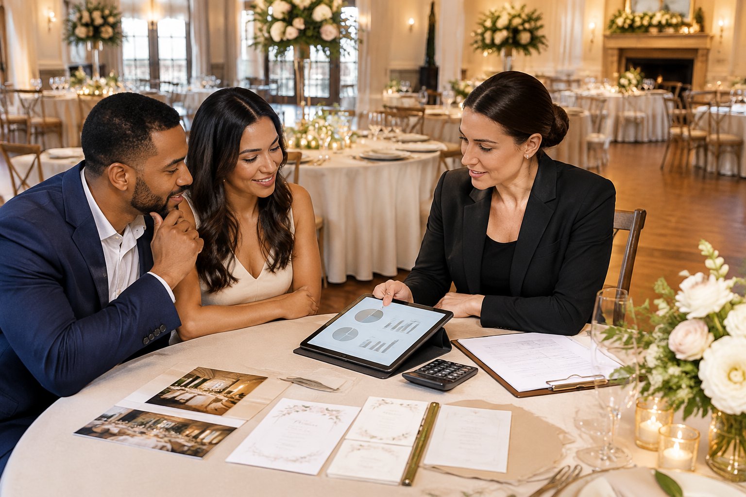 A couple reviews wedding plans and budget materials with a coordinator in an elegant reception venue.