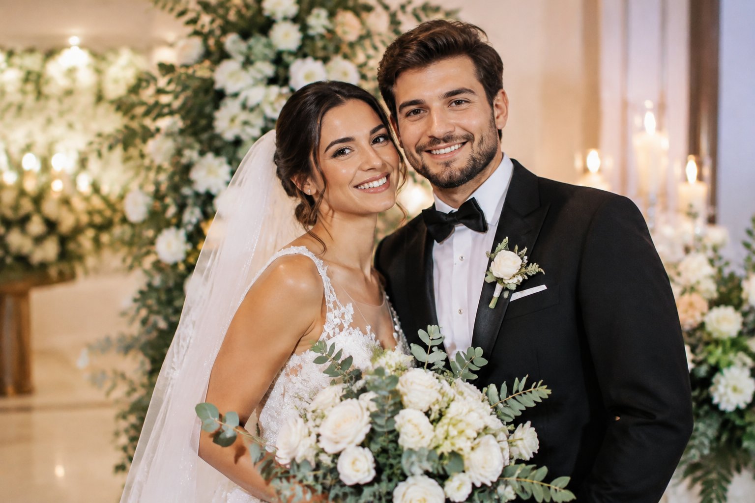 A bride and groom smiling together at a decorated wedding venue.